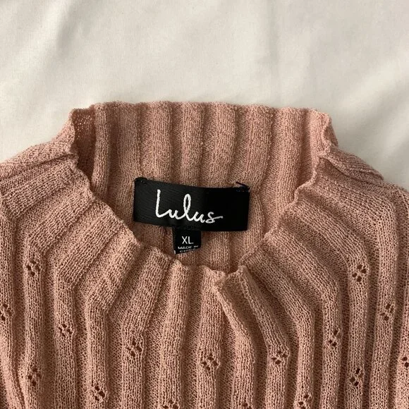 Lulus Women's Ribbed Eyelet Long Sleeve Bodycon Midi Dress Pink Sz XL Mock Neck - Picture 3 of 5